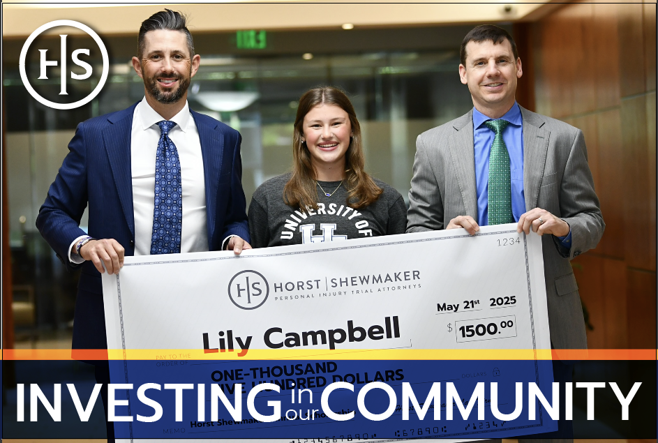 Community involvement, scholarships for college, college scholarship recipient Lily Campbell with the team from Horst Shewmaker personal injury lawyers.