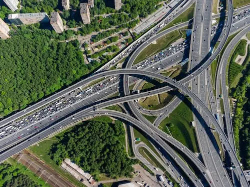 Aerial view of a busy Atlanta interstate interchange