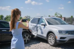A woman taking a picture of her suv after being hit by a black car to document evidence for a car accident lawyer.