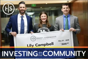 Community involvement, scholarships for college, college scholarship recipient Lily Campbell with the team from Horst Shewmaker personal injury lawyers.