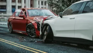 A red and white vehicle after a crash represents a case that a car accident lawyer would review.